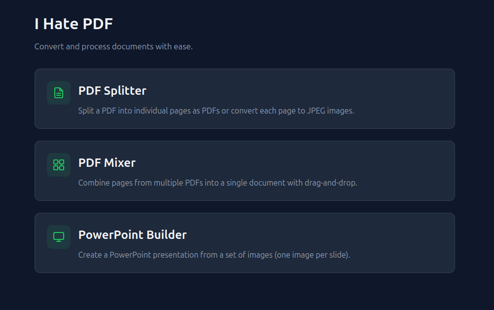 Screenshot of the app named I hate pdf, a set of tools to edit pdf files.