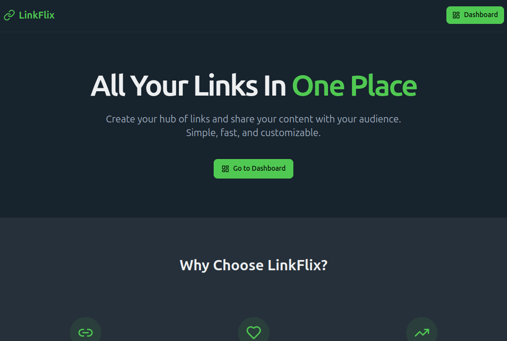 Screenshot of the app named LinkFlix, which is a web app that to display all their links in one place.