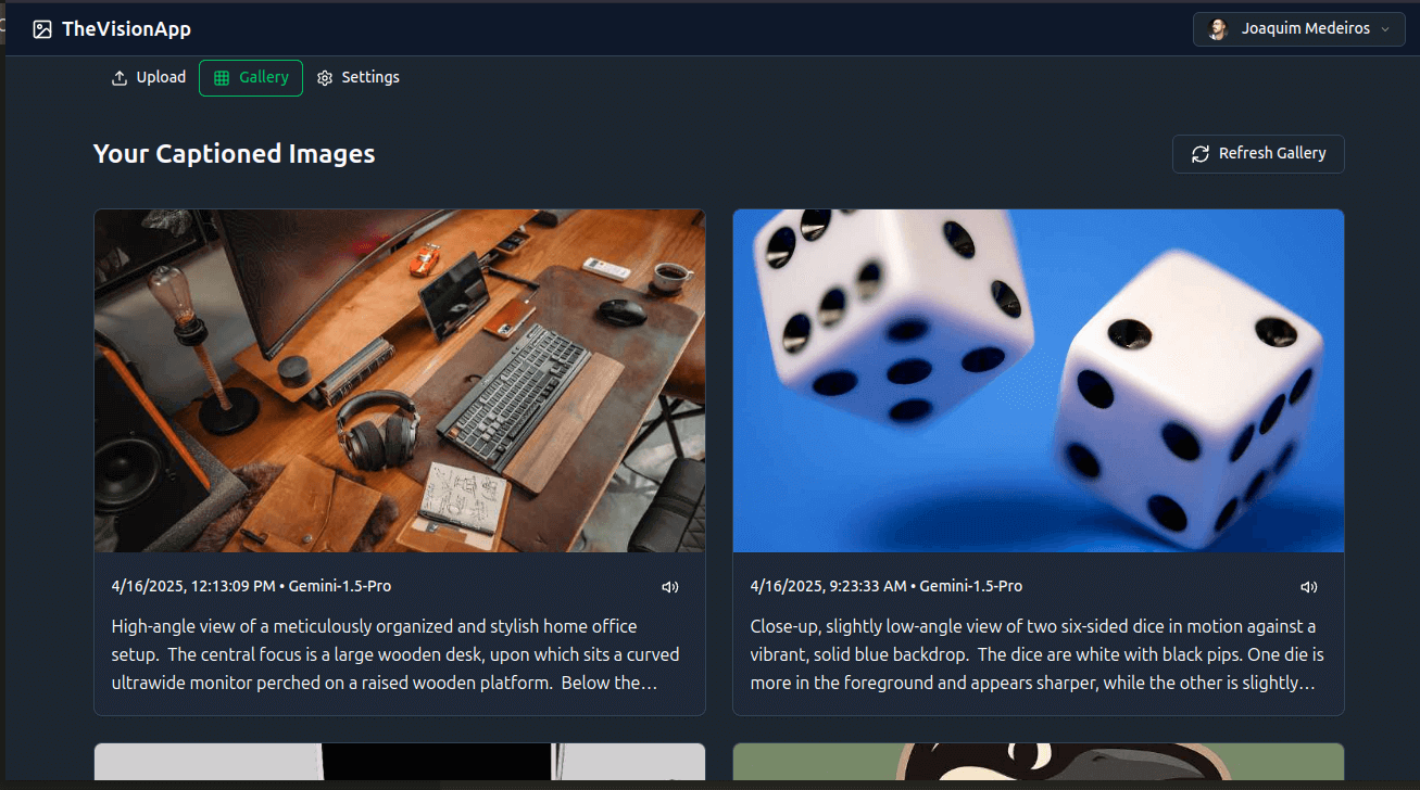 Screenshot of the app named Vision App, which is a web app that allows users to upload images and get captions.
