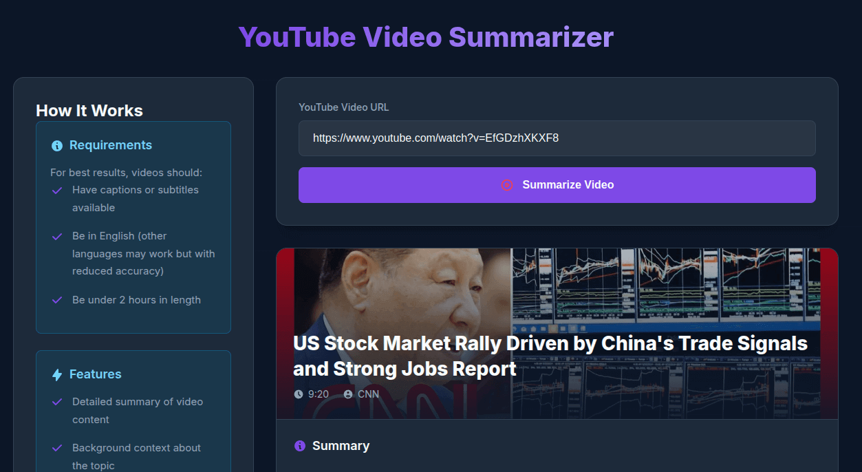 Screenshot of the app named Vision App, which is a web app that allows users get summary of YouTube videos if those have subtitles.